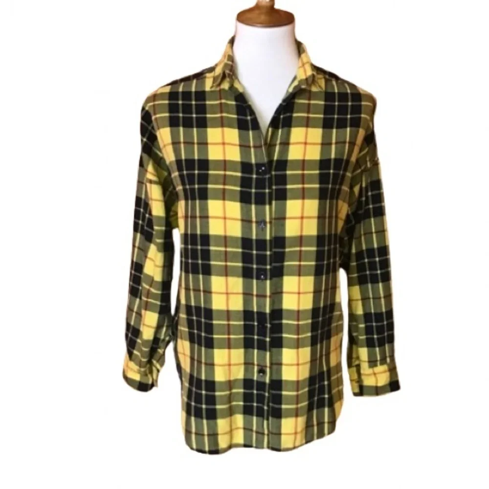 Vintage 90s Yellow Plaid Flannel Shirt Colors by Brooks Soft Grunge Preppy - Picture 2 of 11